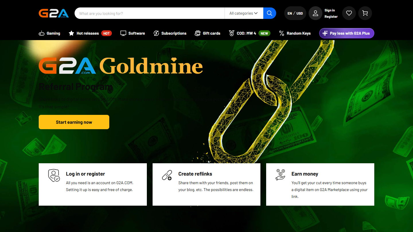 G2A Goldmine Affiliates highlighted page
